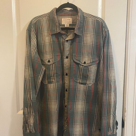 FILSON Washed Feather Cloth Long Sleeve Balsam Green Button Down Men's XL